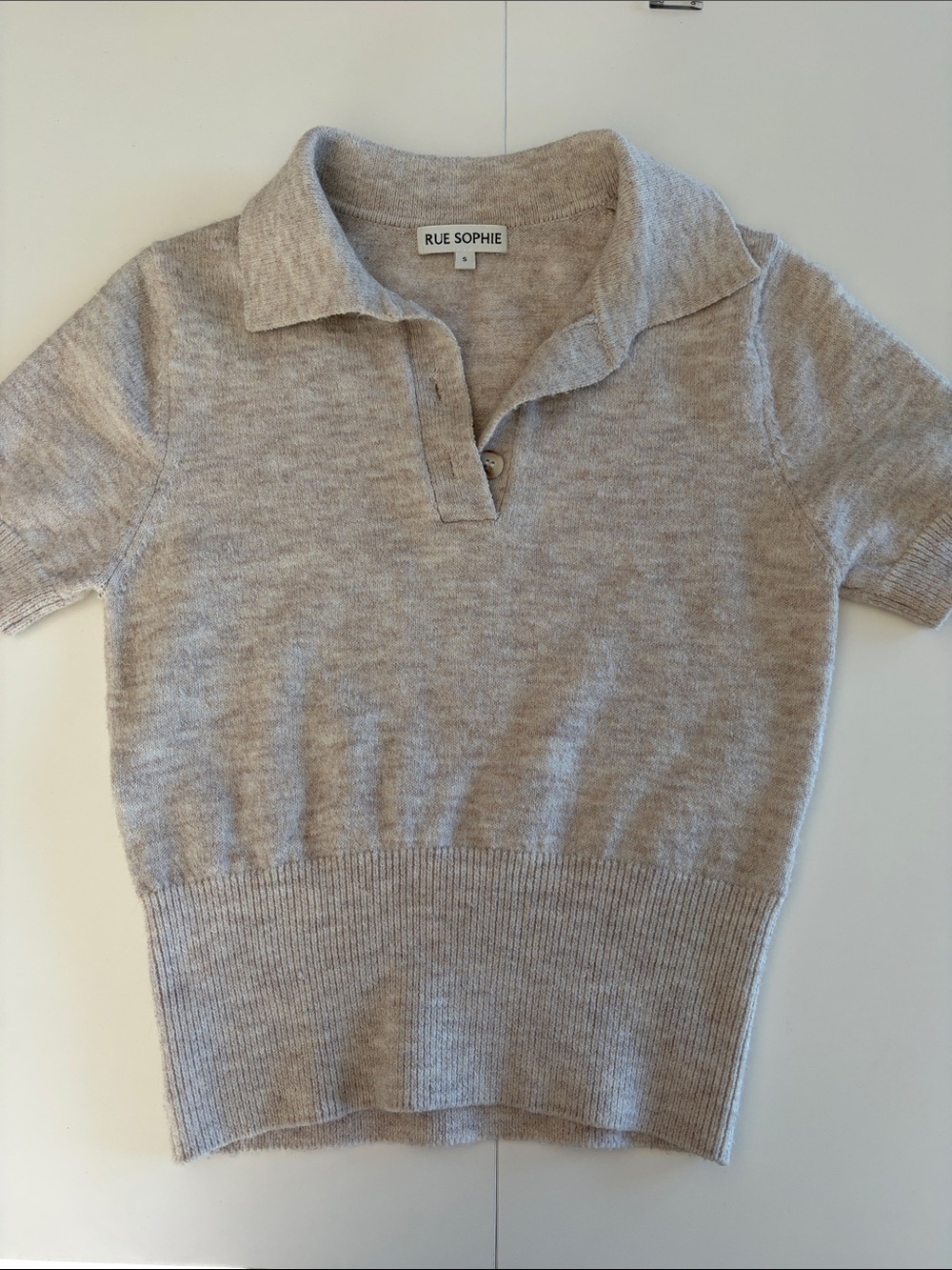 Sophie Rue Beige Shrunken Short Sleeve Polo Sweater small